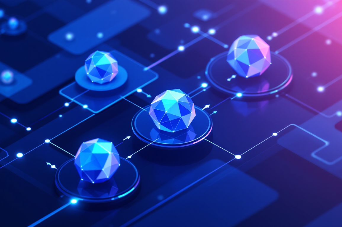 Abstract illustration of autonomous AI agents navigating enterprise workflow networks with geometric shapes and connecting pathways