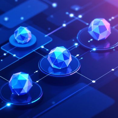 Abstract illustration of autonomous AI agents navigating enterprise workflow networks with geometric shapes and connecting pathways