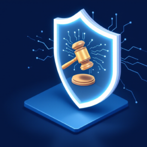 Abstract illustration depicting AI safety regulation with judicial oversight constraints