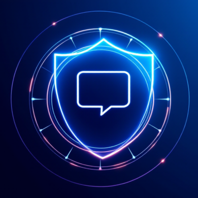 Abstract illustration of protective shield surrounding chat symbol representing AI safety policy