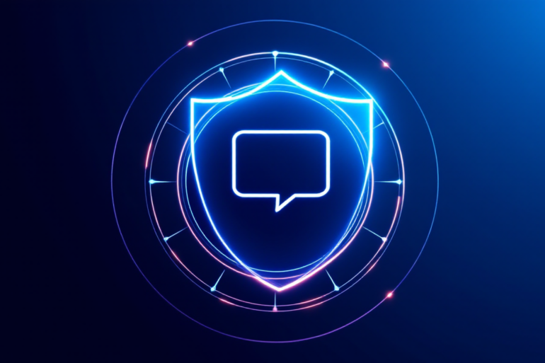 Abstract illustration of protective shield surrounding chat symbol representing AI safety policy