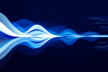 Abstract illustration of audio waveforms splitting into personalised streams representing AI-generated podcast content