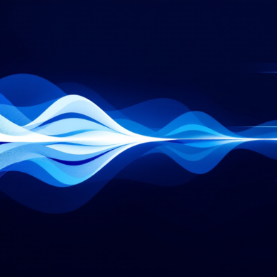 Abstract illustration of audio waveforms splitting into personalised streams representing AI-generated podcast content