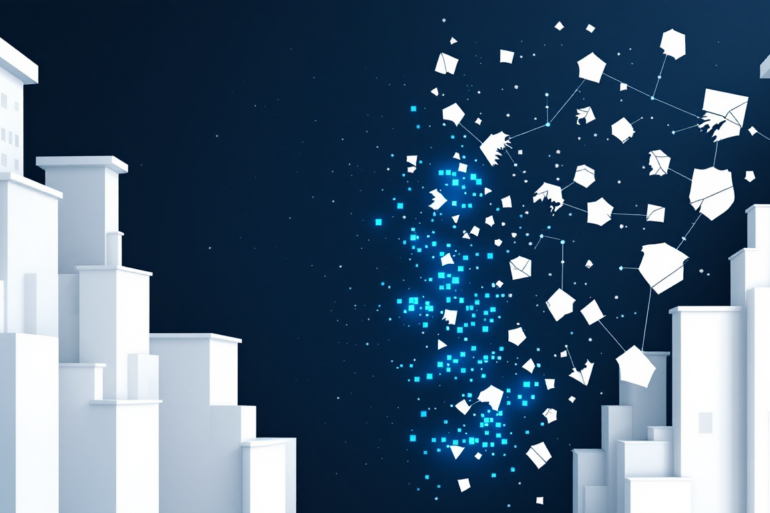 Abstract illustration depicting fragmented digital information and broken data connections representing AI-generated false information