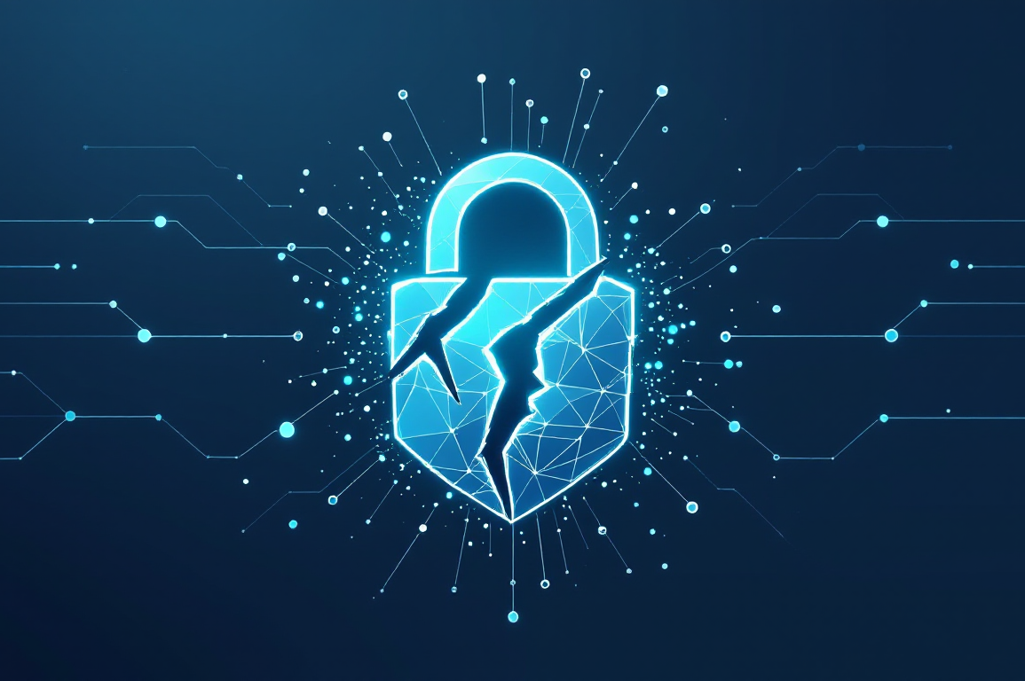 Abstract illustration of fractured AI security shield with fragmenting neural network structure representing compromised AI model vulnerabilities