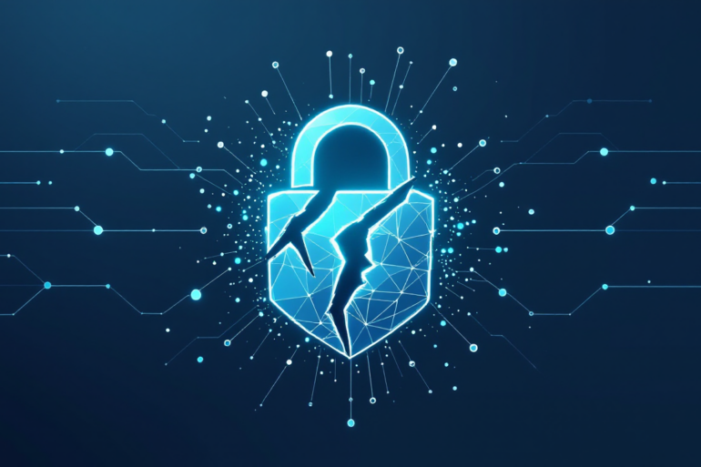 Abstract illustration of fractured AI security shield with fragmenting neural network structure representing compromised AI model vulnerabilities