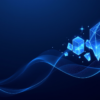 Abstract illustration of sound waves transforming into geometric structures representing AI voice synthesis technology