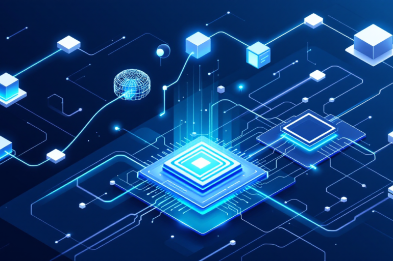 Abstract illustration depicting AI model optimization flowing into computer hardware architecture, representing Meta and Apple's collaboration on Muse AI models for Mac devices