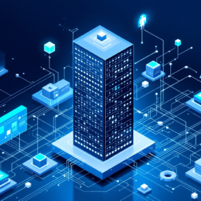 Abstract illustration of interconnected AI systems forming autonomous business structure with data flows
