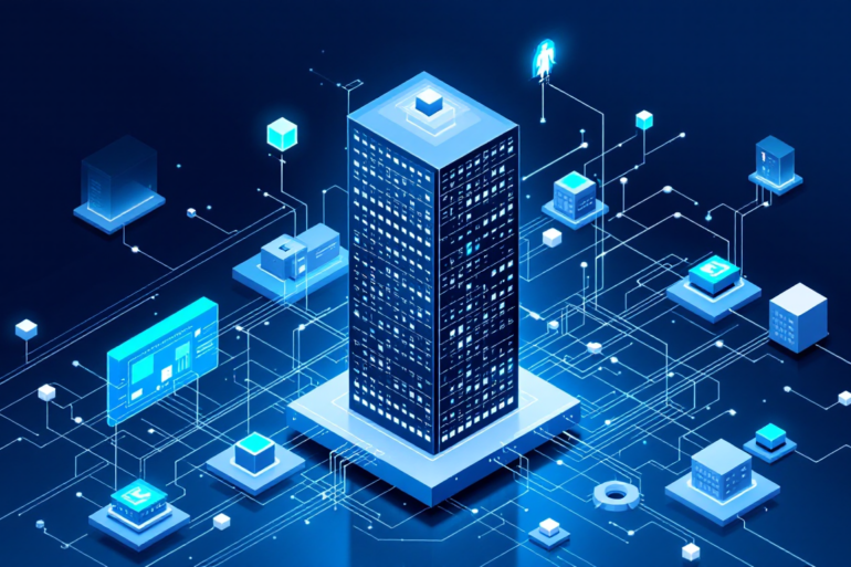 Abstract illustration of interconnected AI systems forming autonomous business structure with data flows