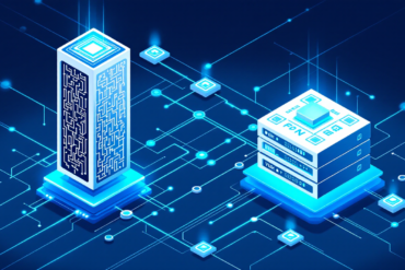 Abstract illustration depicting competing AI infrastructure architectures with neural network connections