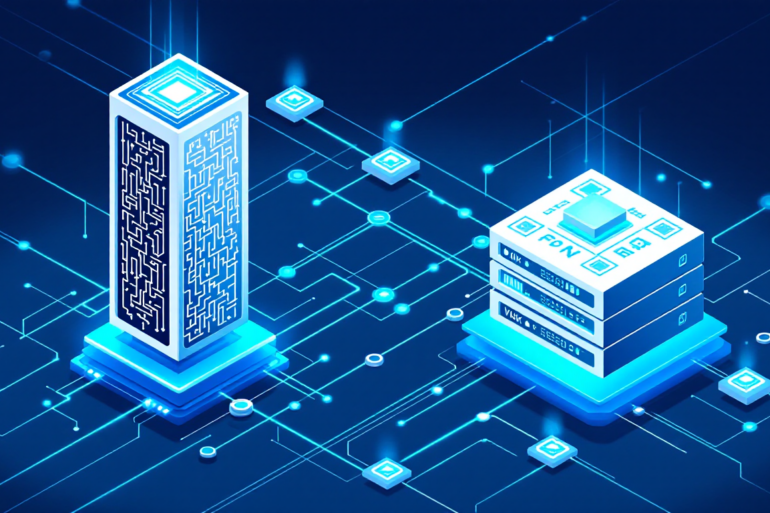 Abstract illustration depicting competing AI infrastructure architectures with neural network connections