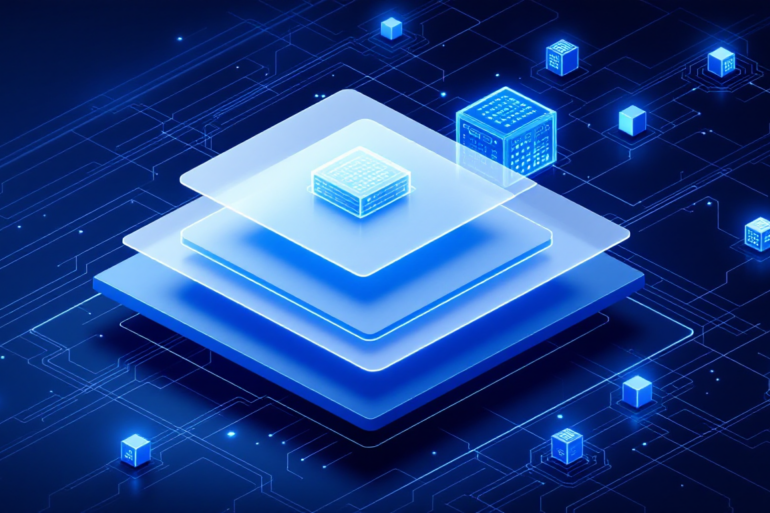 Abstract geometric illustration depicting corporate share structure and AI infrastructure investment through layered planes and connected nodes