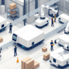 Editorial illustration depicting automated warehouse with geometric representations of robots and human workers in coordinated logistics environment
