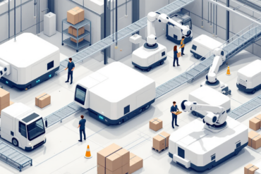 Editorial illustration depicting automated warehouse with geometric representations of robots and human workers in coordinated logistics environment