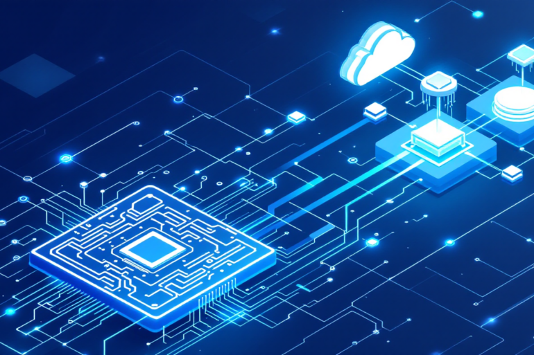 Abstract illustration of AI chip architecture connected to cloud infrastructure representing Microsoft's Maia accelerator deployment