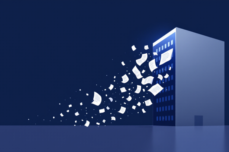 Abstract illustration depicting corporate structure with content fragments dispersing, representing Meta's policy reversal on AI content scraping