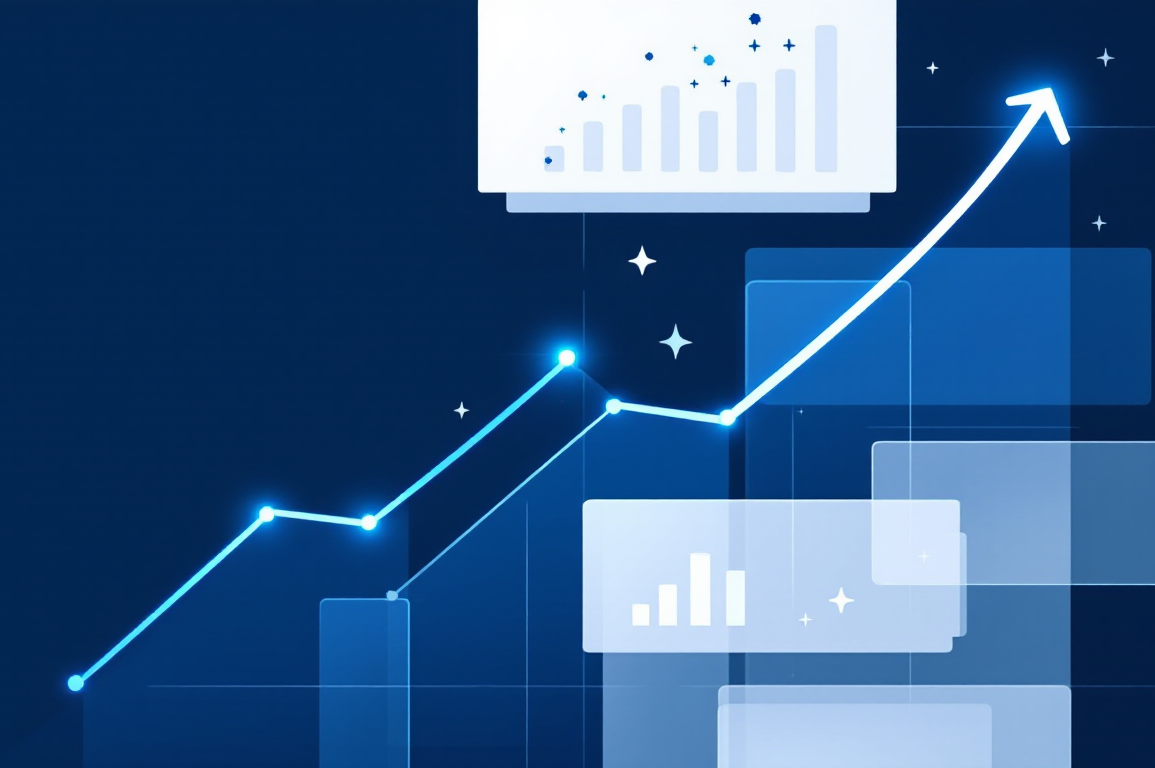 Abstract illustration of AI benchmarking platform growth with ascending metrics and evaluation frameworks