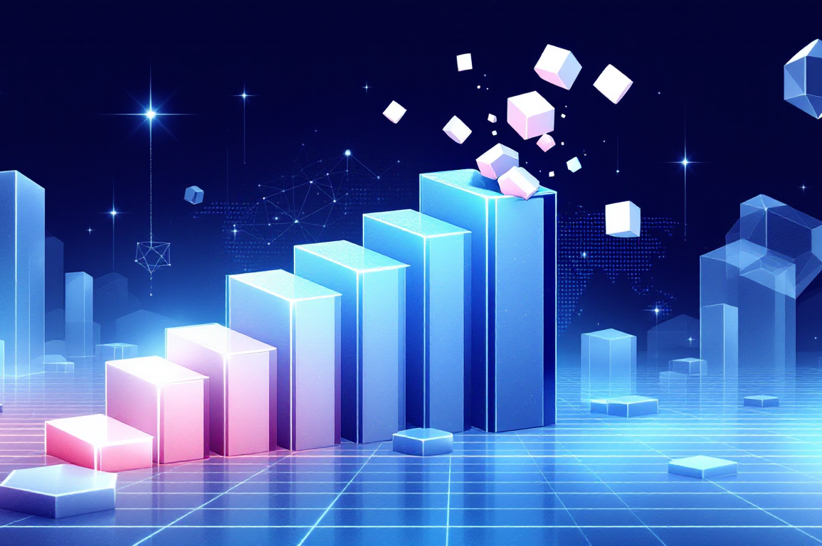 Abstract geometric illustration depicting AI investment growth and potential market instability with ascending fragmented blocks