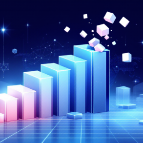 Abstract geometric illustration depicting AI investment growth and potential market instability with ascending fragmented blocks