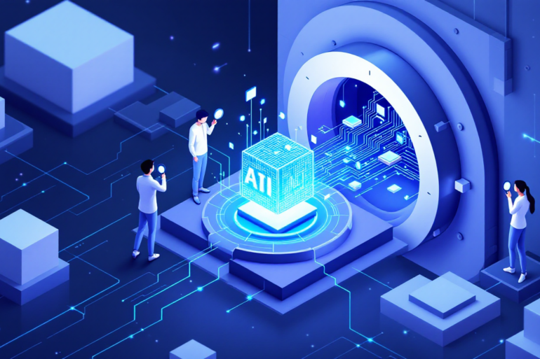 Editorial illustration depicting independent researchers examining AI systems with full access transparency